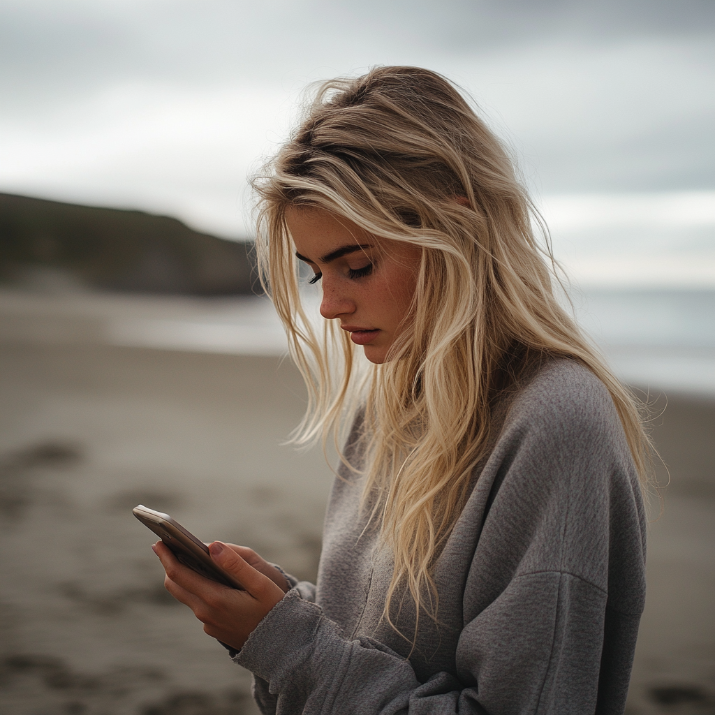 Una mujer preocupada mirando su teléfono | Fuente: Midjourney