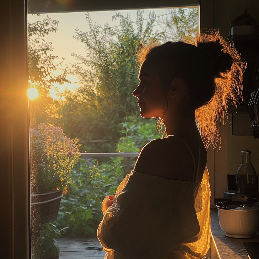 Mujer de pie en su cocina disfrutando de la puesta de sol | Fuente: Midjourney