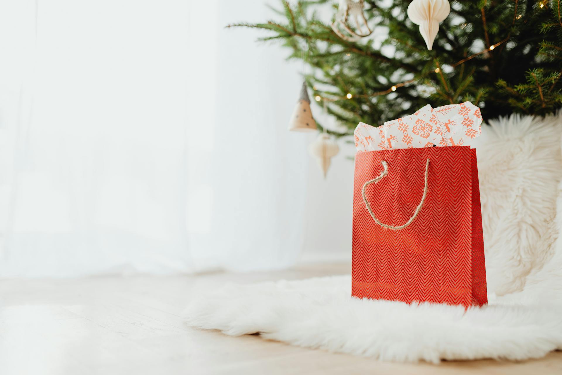 Una bolsa de regalo roja sobre una alfombra de piel blanca | Fuente: Pexels