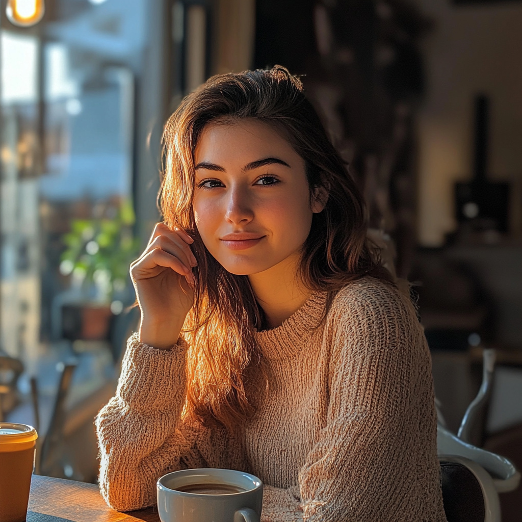 Mujer sonriendo mientras disfruta de una taza de café | Fuente: Midjourney