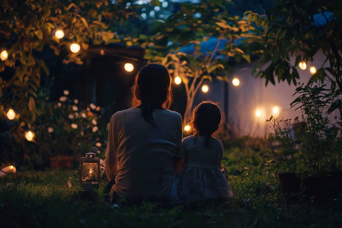 Una mujer sentada en el jardín con su hija | Fuente: Midjourney