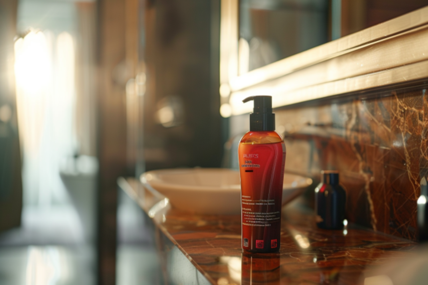 Una botella de producto para el cuidado del cabello en el baño | Fuente: Midjourney
