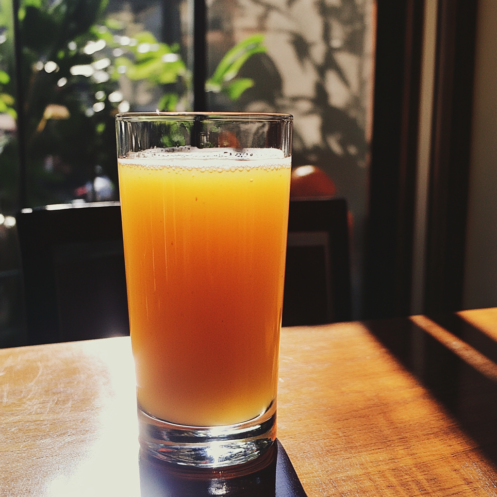 Un vaso de jugo sobre una mesa | Fuente: Midjourney