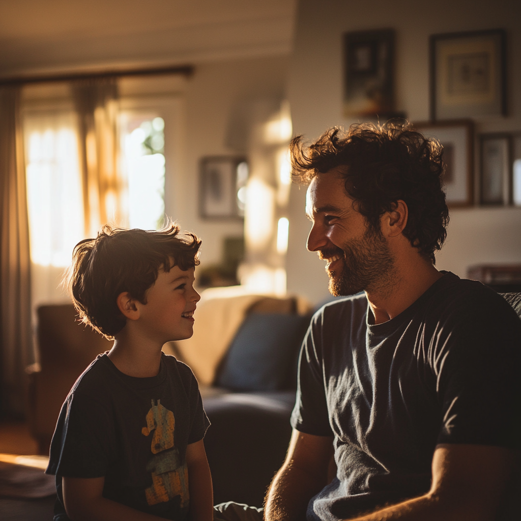 Un niño sonriente hablando con un hombre | Fuente: Midjourney