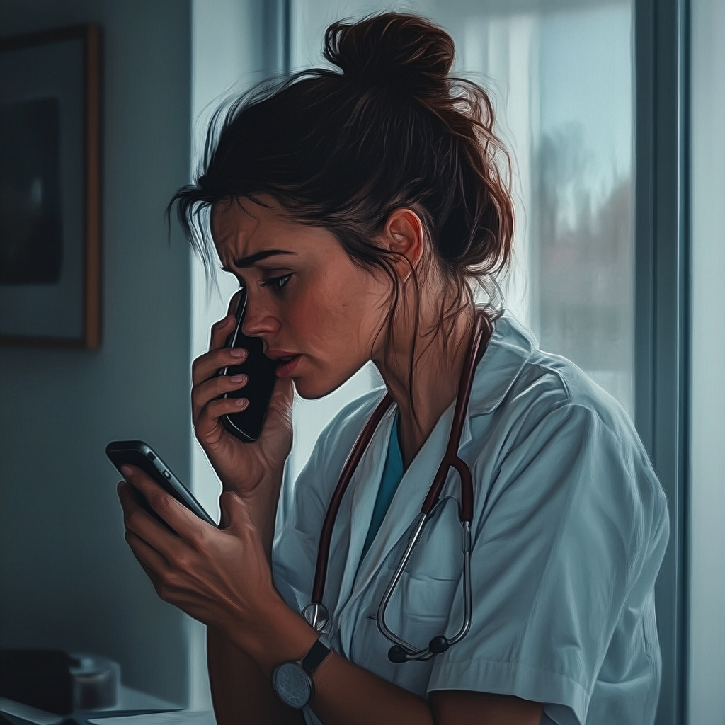 Una doctora triste hablando por teléfono | Fuente: Midjourney