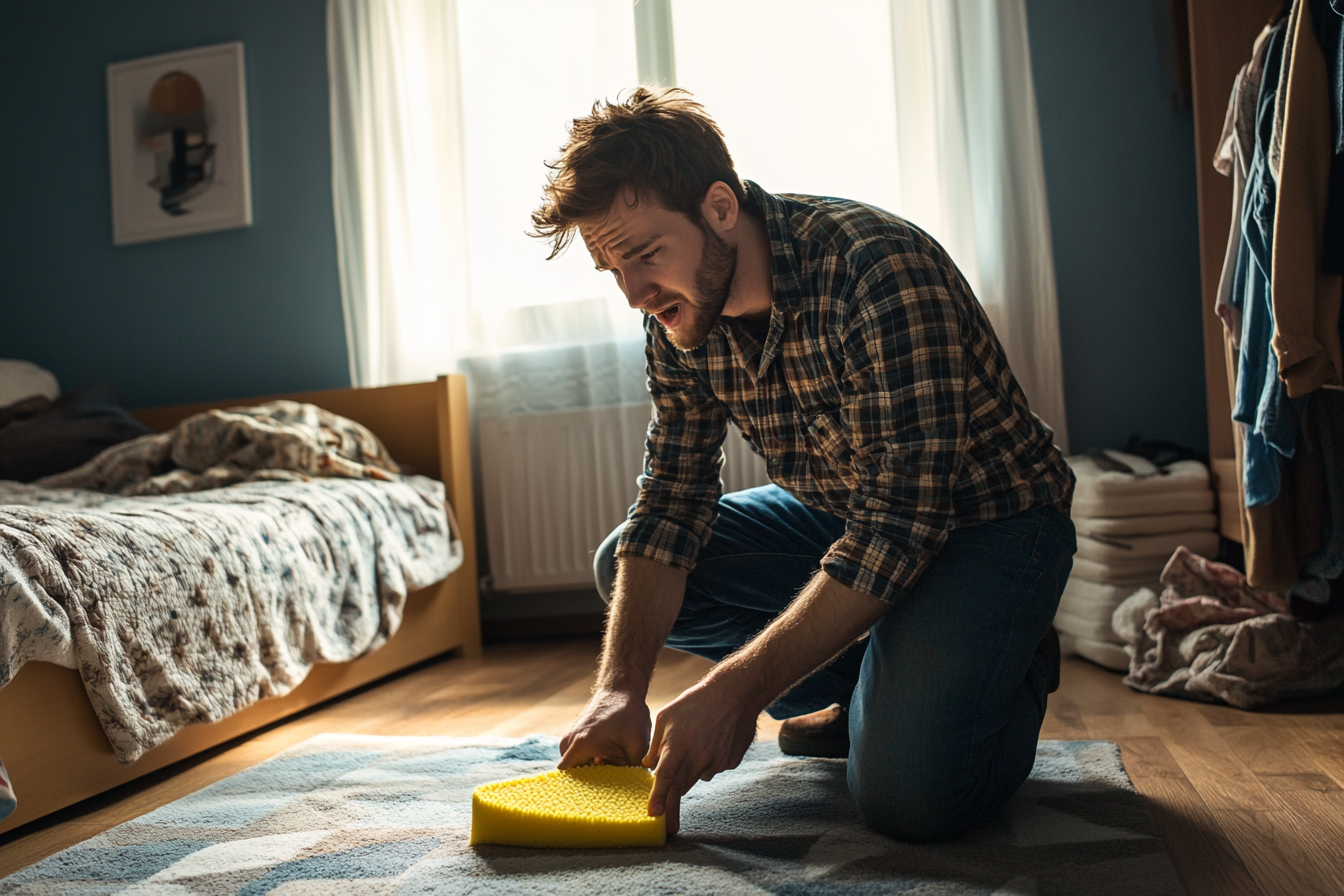 Un hombre limpiando una alfombra | Fuente: Midjourney