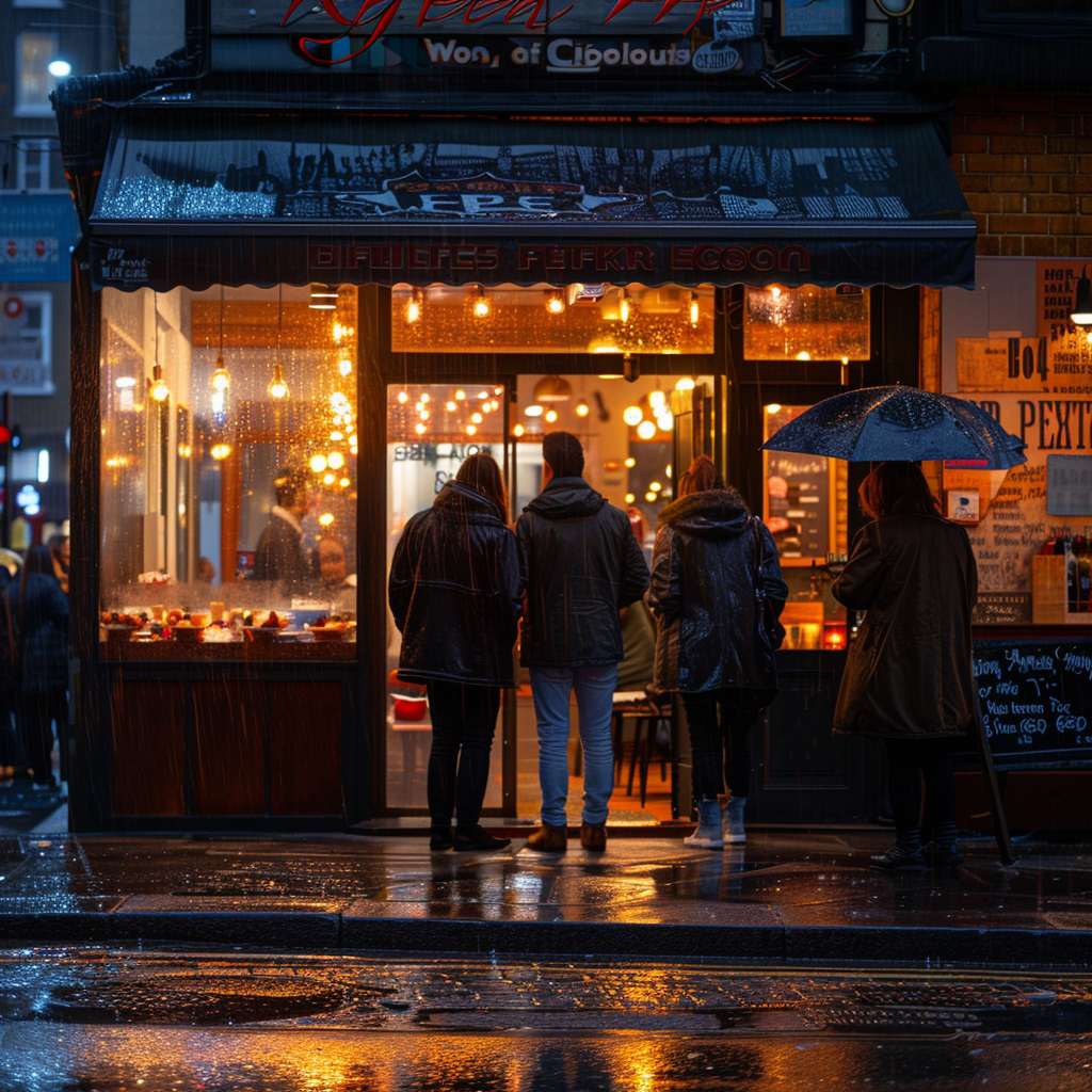 Gente de pie fuera de un restaurante bajo una lluvia torrencial | Fuente: Midjourney