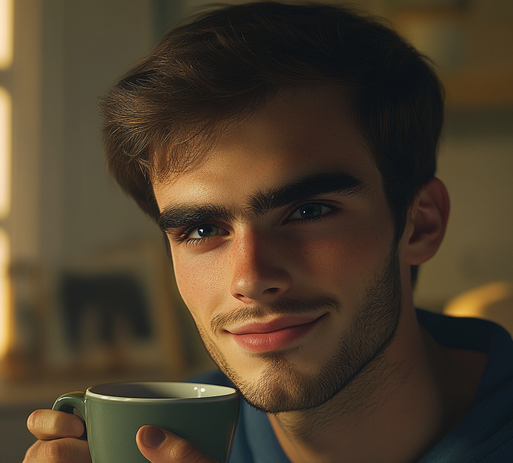 Un hombre sonriente con su taza de café | Fuente: Midjourney