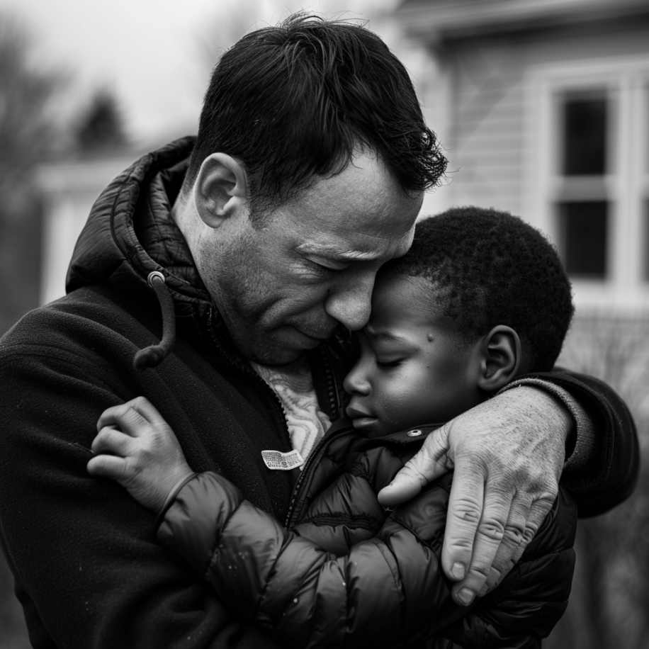 Una foto en escala de grises de un padre blanco consolando a su triste hijo negro | Fuente: Midjourney