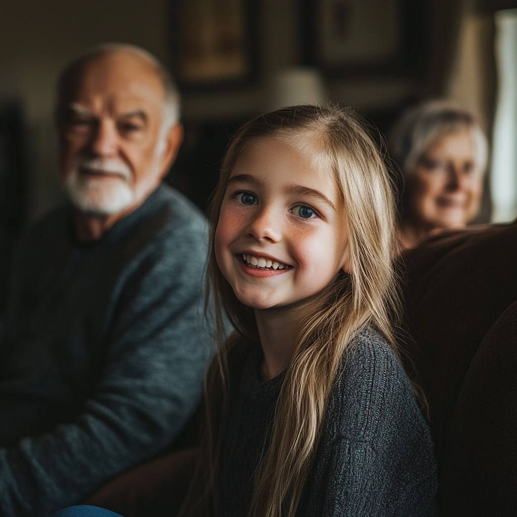 Una niña feliz delante de sus abuelos | Fuente: Midjourney