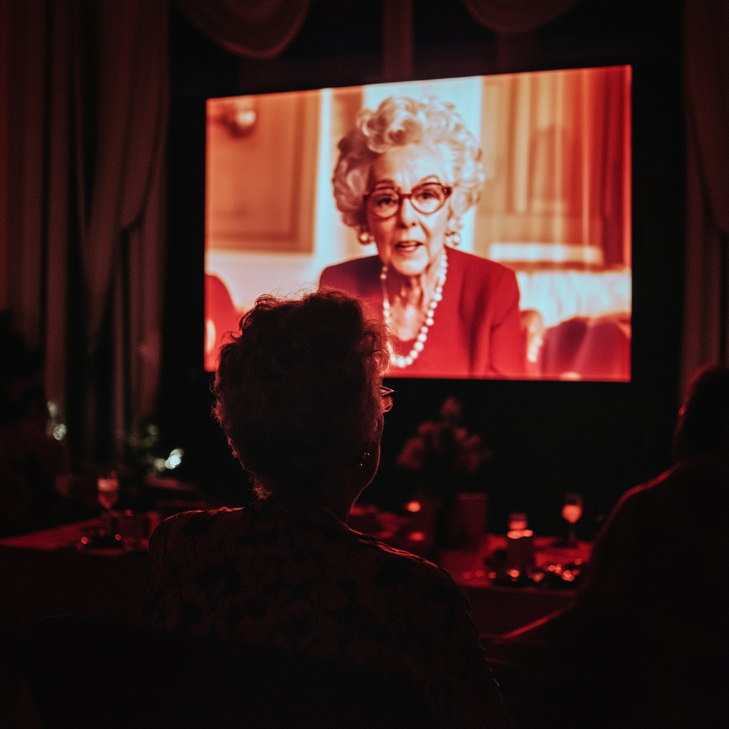 Una anciana en la pantalla dirigiéndose a los invitados de una fiesta | Fuente: Midjourney