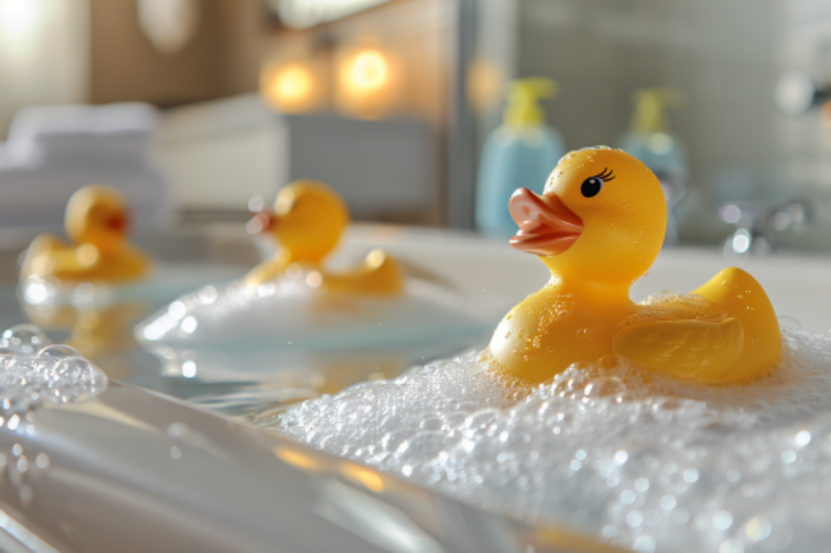 Patos de goma en una bañera enjabonada | Fuente: Midjourney