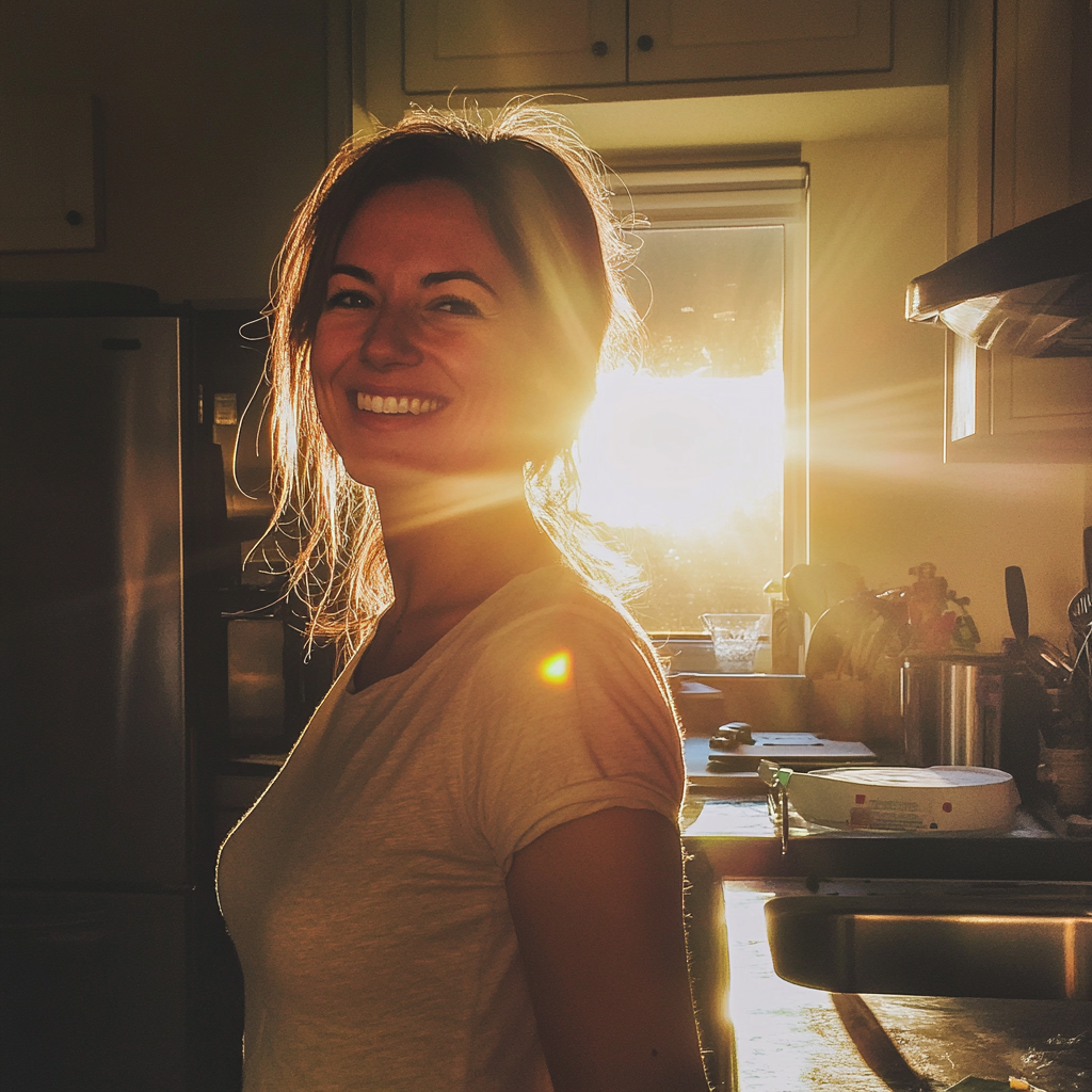 Una mujer sonriente en una cocina | Fuente: Midjourney