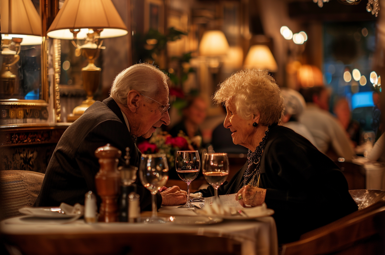 Una pareja de ancianos cenando en un restaurante | Fuente: MidJourney