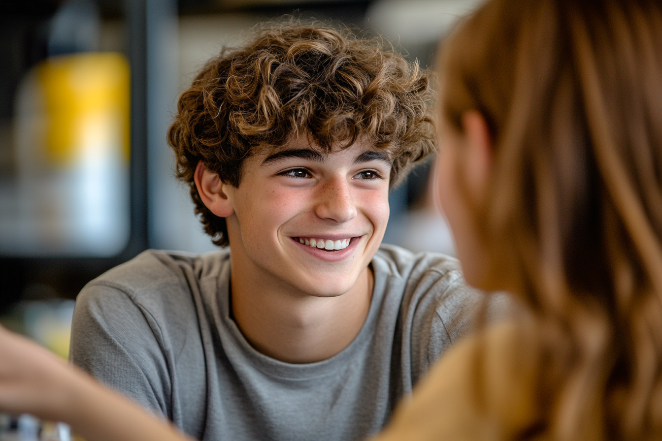 Dos adolescentes trabajando juntos en un aula | Fuente: Midjourney