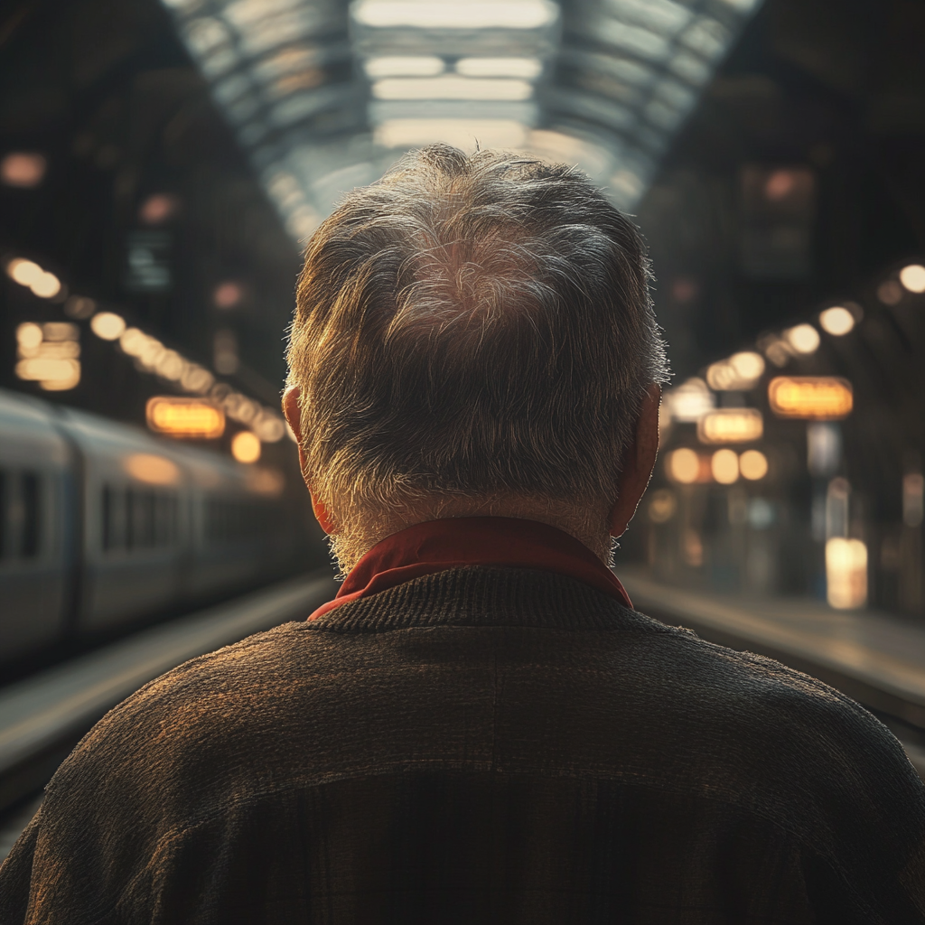 Un anciano triste mirando un tren que sale de la estación | Fuente: Midjourney