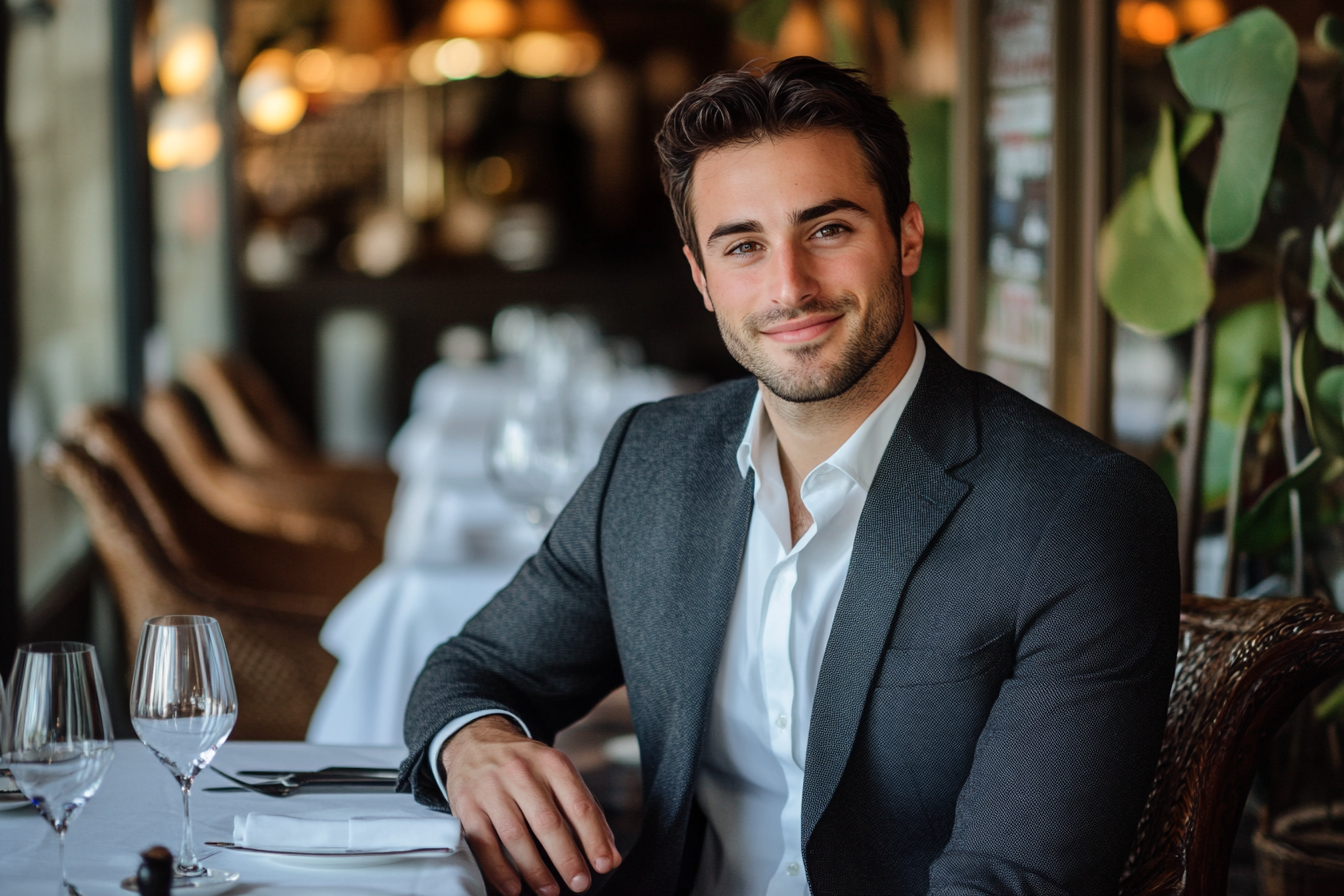 Un hombre sonríe débilmente sentado a una mesa | Fuente: Midjourney