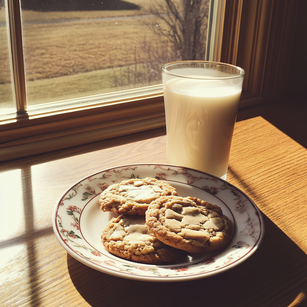 Un vaso de leche y un plato de galletas | Fuente: Midjourney