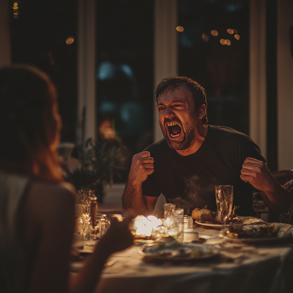 Un hombre gritando en una cena familiar | Fuente: Midjourney