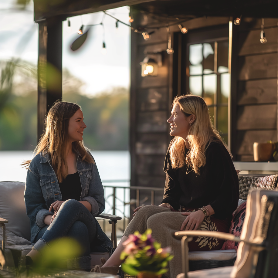 Dos mujeres sentadas fuera de su casa del lago y charlando | Fuente: Midjourney