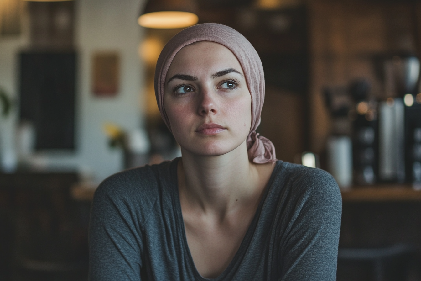 Una mujer en una cafetería con una mirada decidida | Fuente: Midjourney