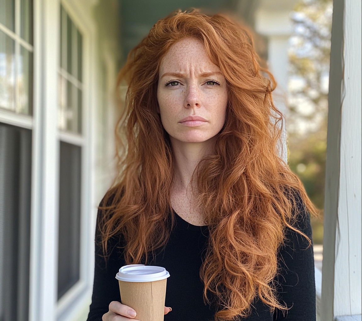 Una mujer ceñuda con una taza de café | Fuente: Midjourney
