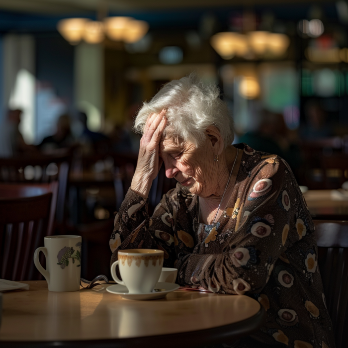 Una anciana de aspecto muy triste está sentada en la cafetería de una residencia | Fuente: Midjourney