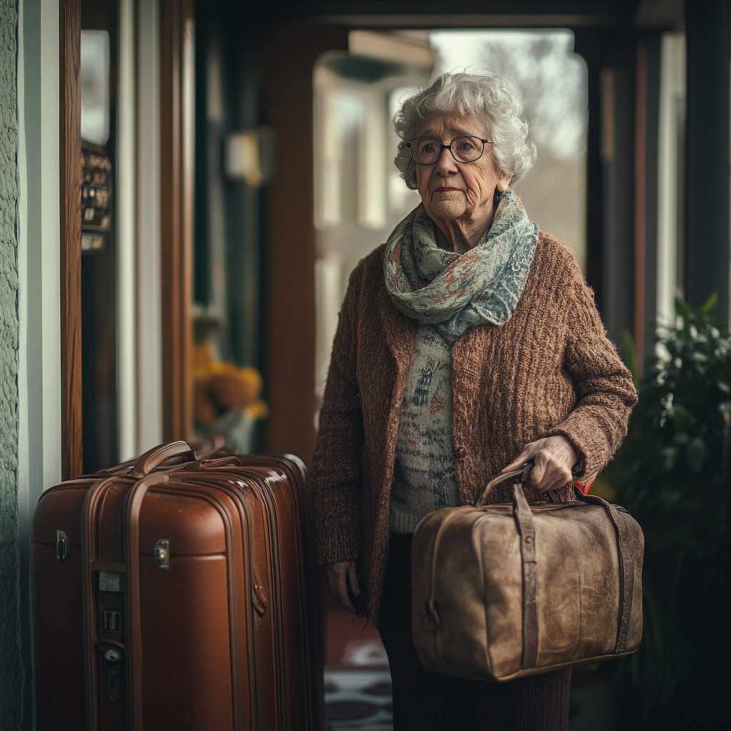 Una mujer mayor en la puerta de su vecino con las maletas hechas | Fuente: Midjourney