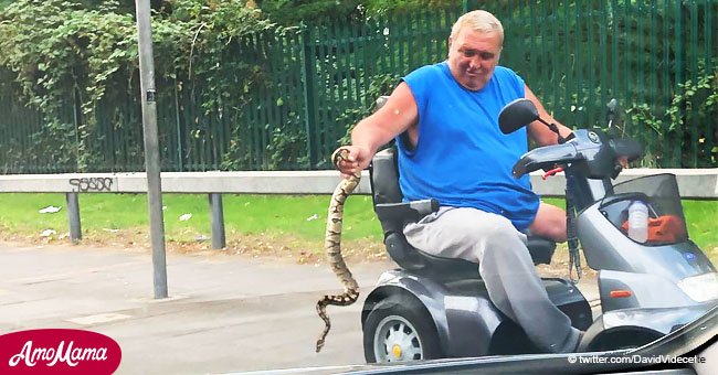 Cámaras captan a sujeto en scooter sujetando enorme serpiente, pero dicen que es algo "normal"