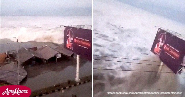 Horrendo video de tsunami golpeando la costa mientras barre todo en su camino