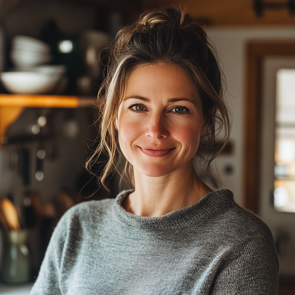 Una mujer fuerza una sonrisa mientras está de pie en la cocina | Fuente: Midjourney