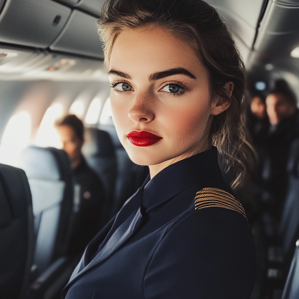 Un primer plano de una azafata de vuelo | Fuente: Midjourney