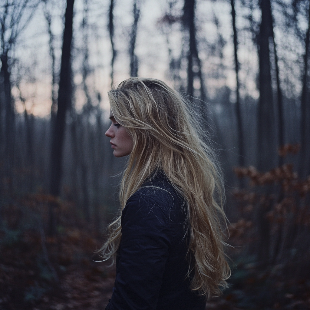 Una mujer triste caminando por el bosque | Fuente: Midjourney