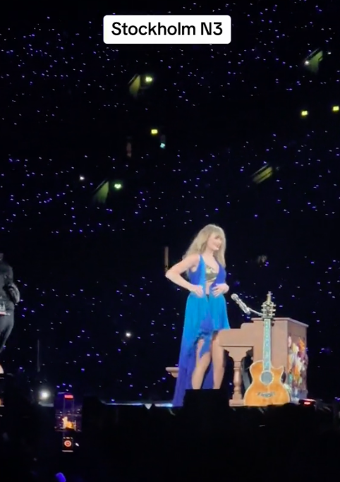 Taylor Swift experimentando un fallo de vestuario durante su concierto Eras Tour en Estocolmo, Suecia, publicado el 20 de mayo de 2024 | Fuente: TikTok/evelinahansen1