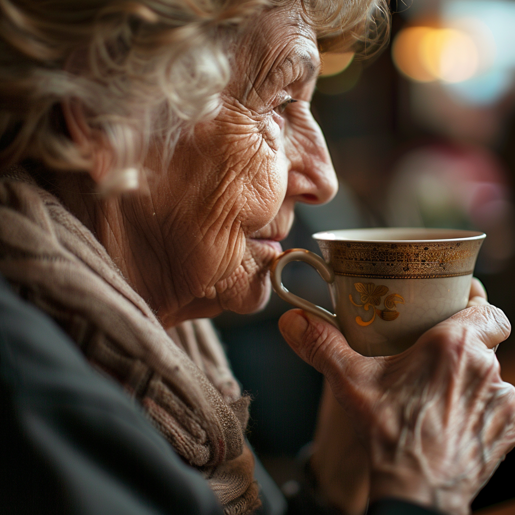 Una anciana con una taza de té en la mano | Fuente: Midjourney