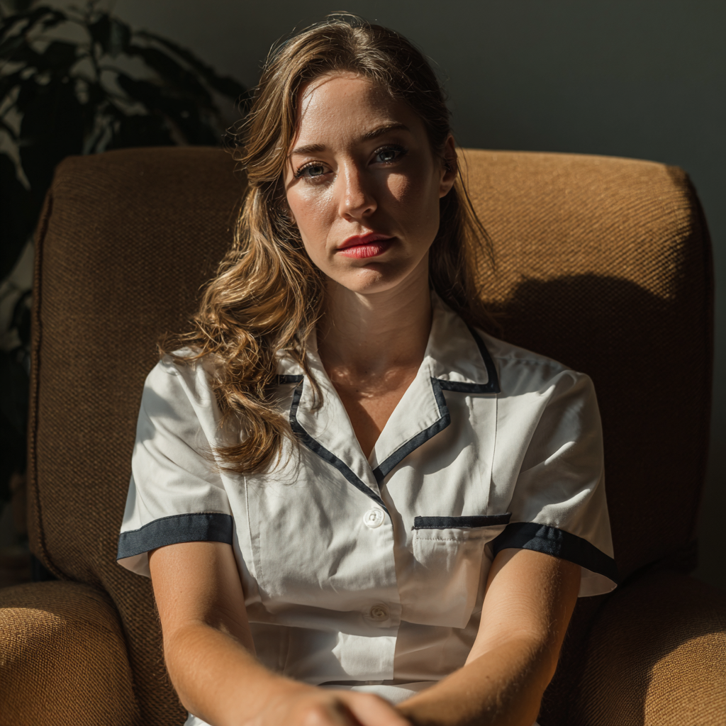 Una donna determinata seduta su un divano | Fonte: Midjourney