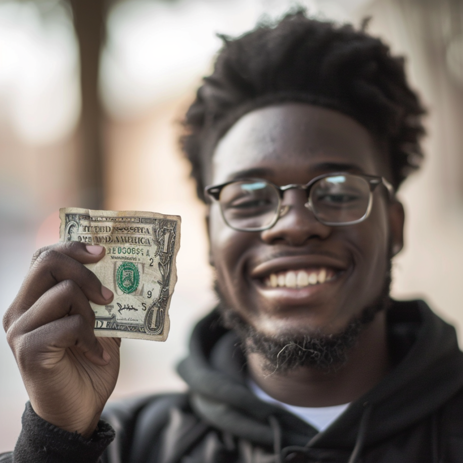 Un hombre negro sonríe mientras sostiene un billete de un dólar arrugado | Fuente: Midjourney