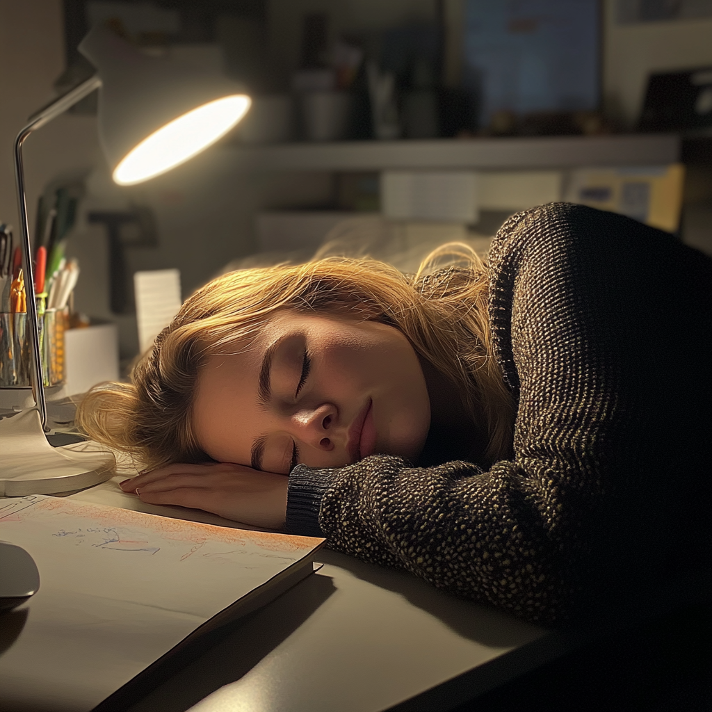 Mujer cansada durmiendo en la mesa de su oficina | Fuente: Midjourney