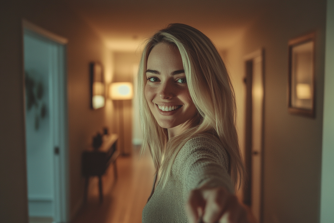 Una mujer sonriendo y señalando con el dedo en el pasillo de una casa | Fuente: Midjourney