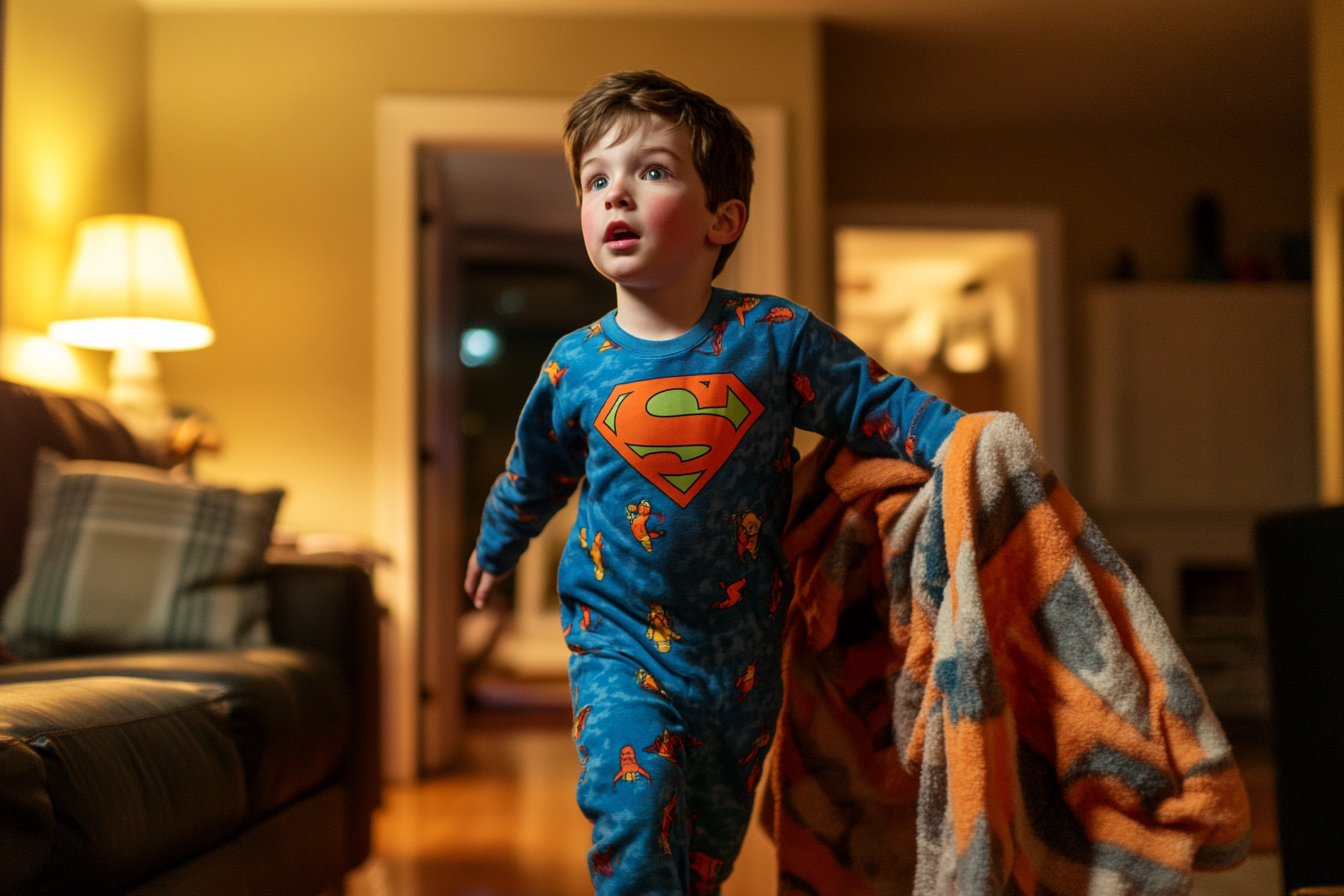 Niño en pijama de superhéroe en el salón arrastrando una manta y mirando hacia arriba con curiosidad | Fuente: Midjourney