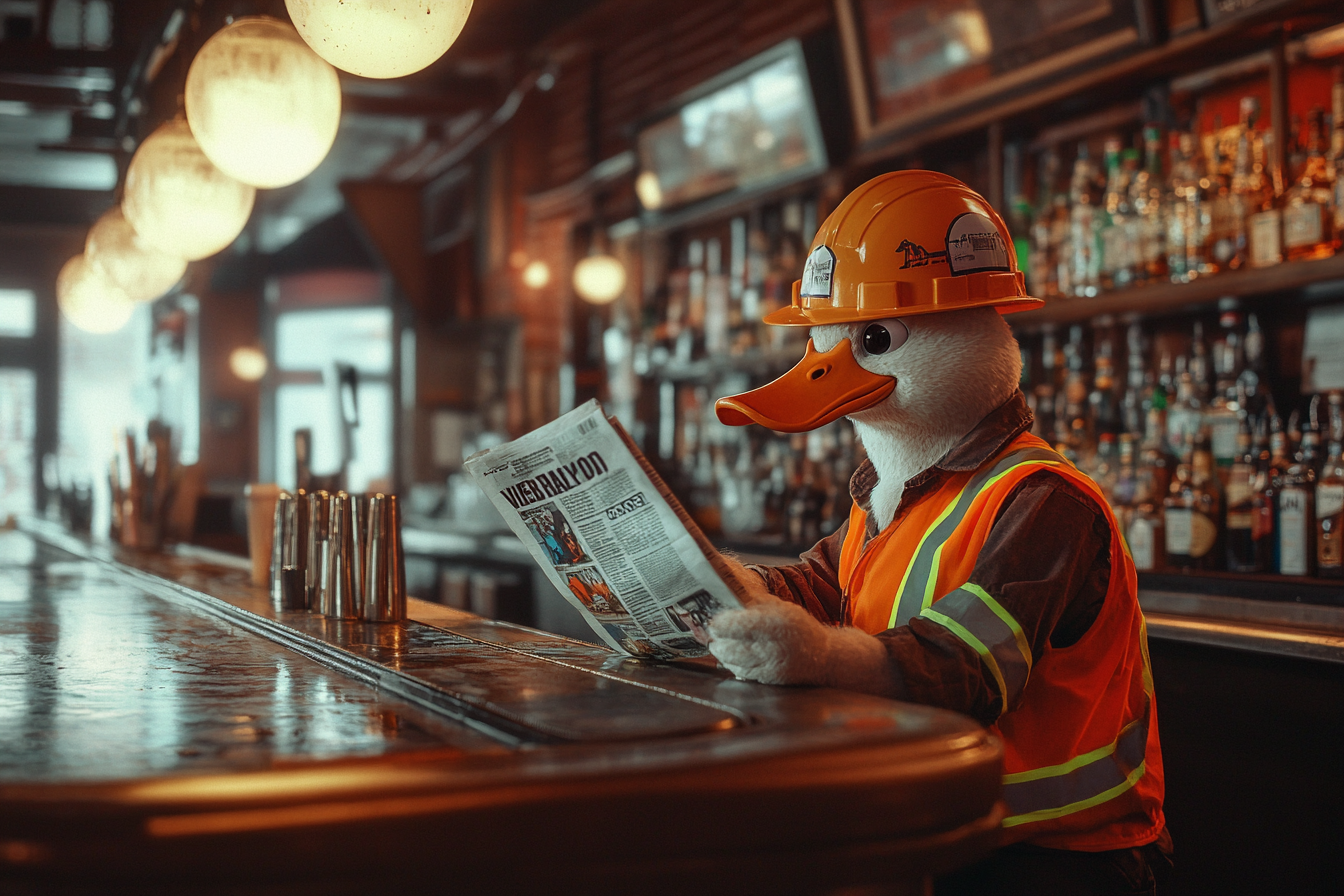 Un pato sentado en un bar leyendo un periódico | Fuente: Midjourney