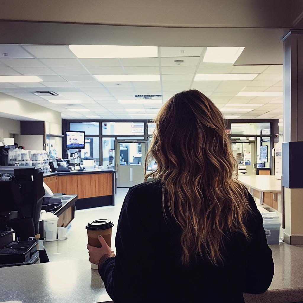 Una mujer tomando café en un hospital | Fuente: Midjourney