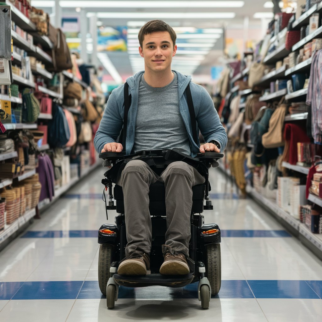 Un joven en silla de ruedas comprando en un supermercado | Fuente: Midjourney