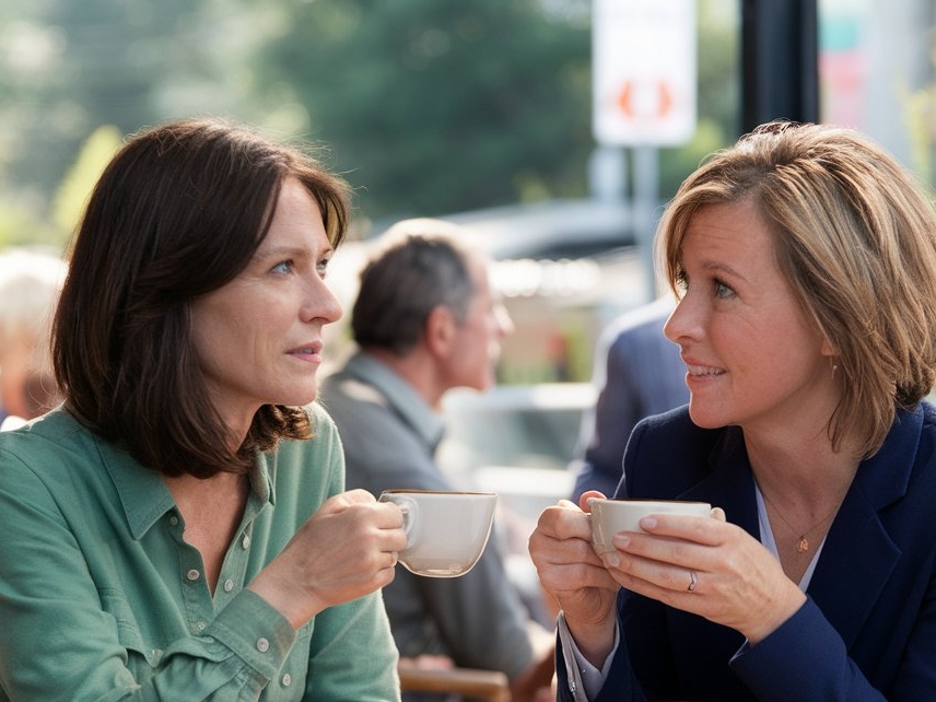 Dos mujeres disfrutando de un café en una cafetería | Fuente: Midjourney