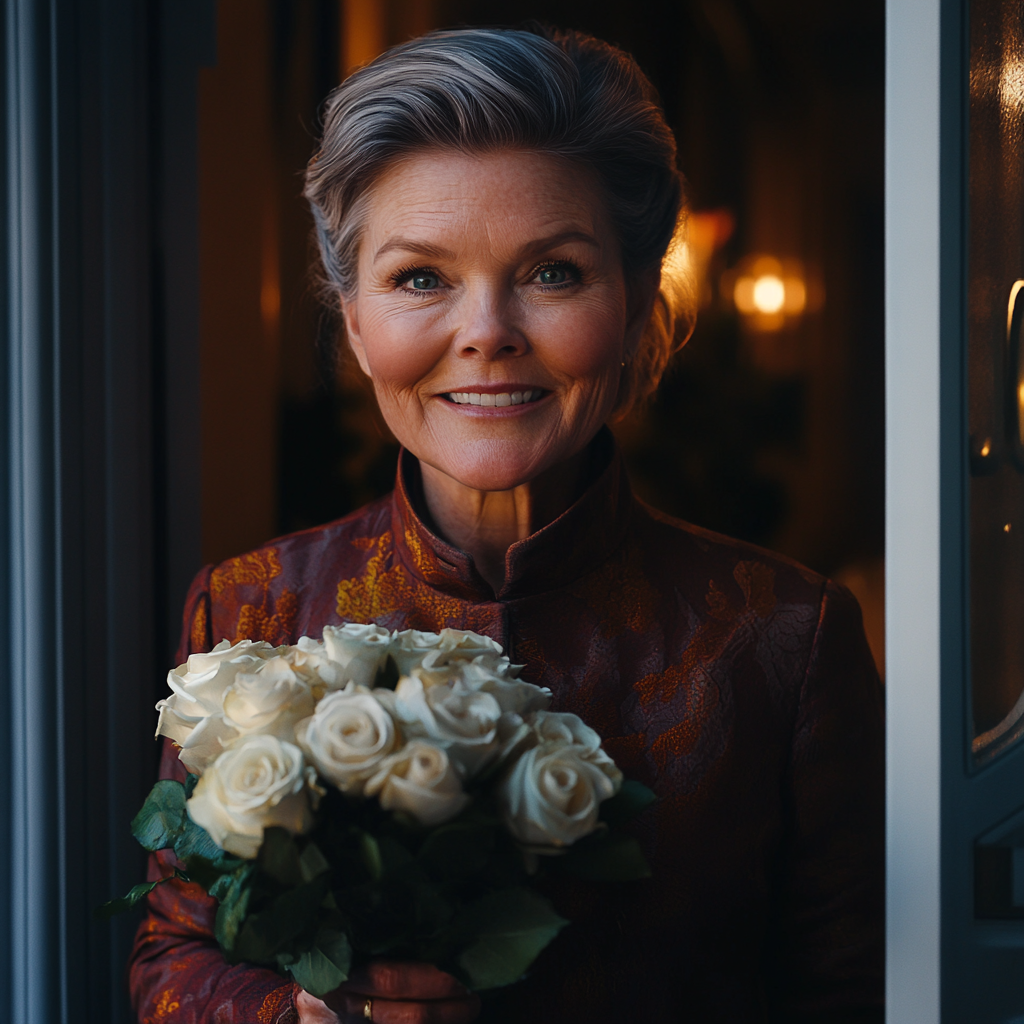 Una anciana sonriente con un ramo de rosas blancas | Fuente: Midjourney