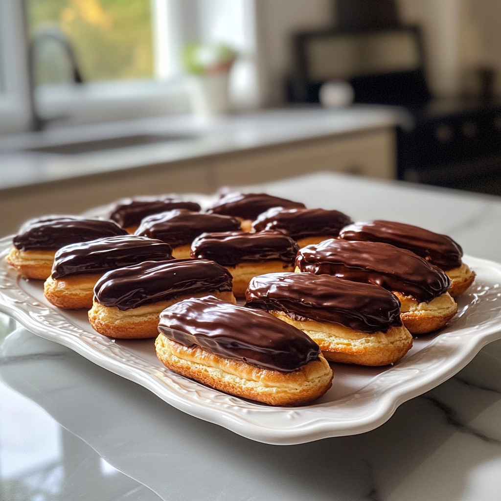 Una bandeja de eclairs de chocolate | Fuente: Midjourney
