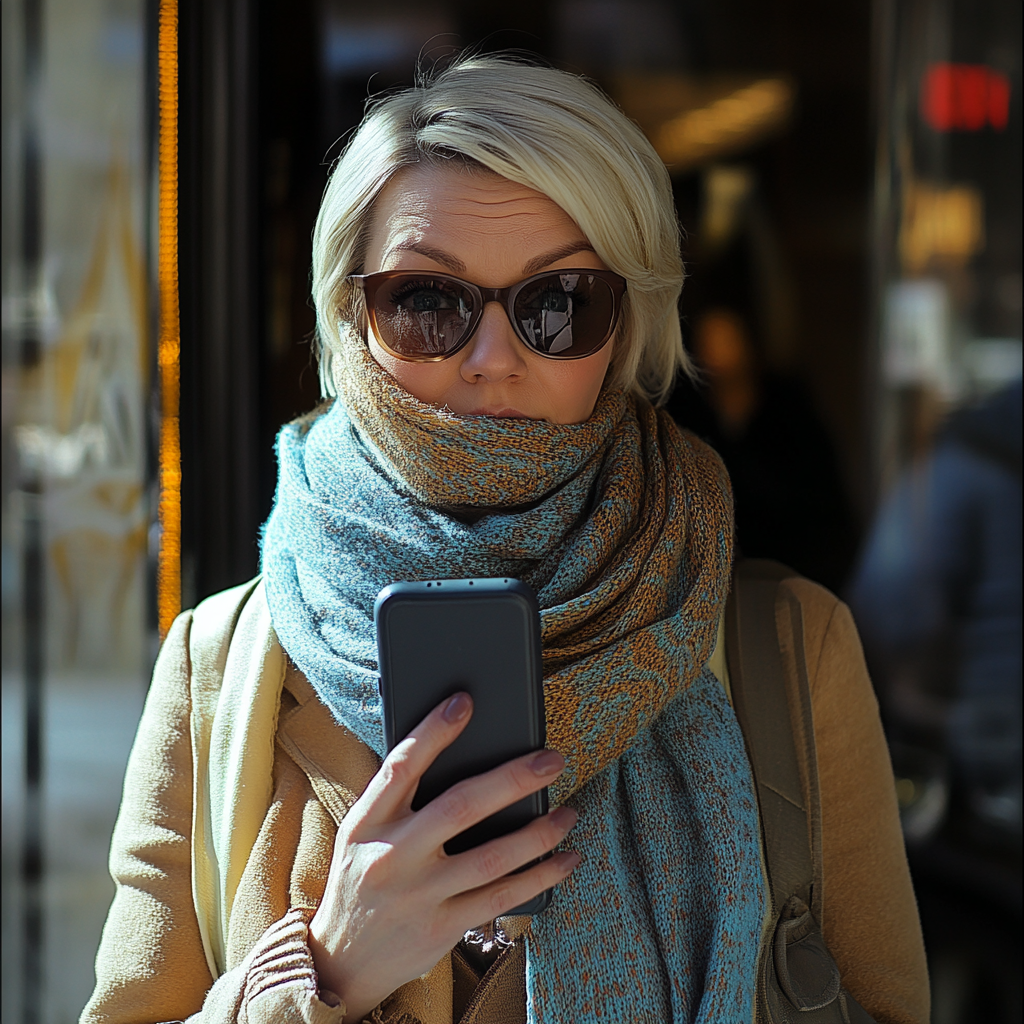 Una mujer estresada, cubierta con un pañuelo y con grandes gafas de sol, sostiene un teléfono | Fuente: Midjourney