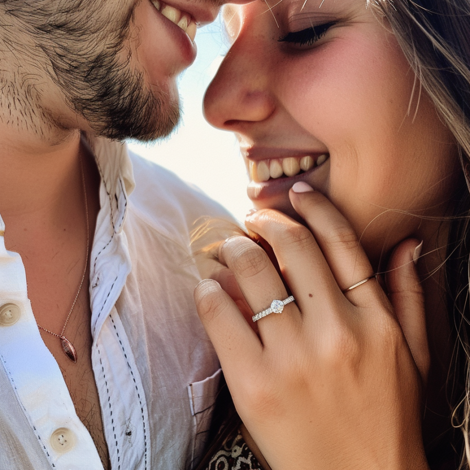 Una mujer alardea de su anillo de compromiso mientras abraza a su prometido | Fuente: Midjourney