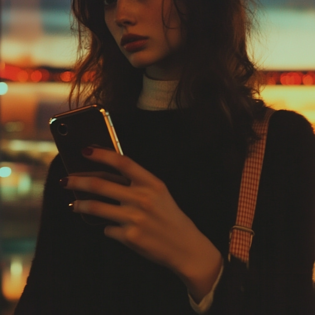 Una mujer sujetando su teléfono en un aeropuerto | Fuente: Midjourney