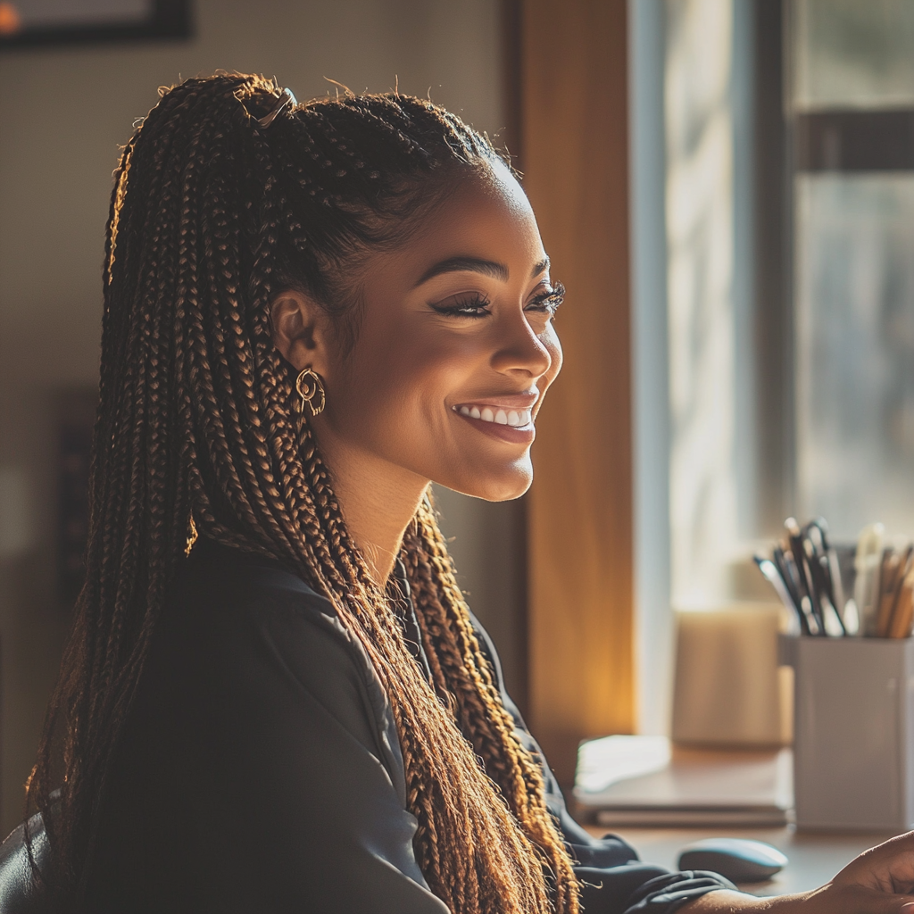 Una mujer sonriente sentada en su escritorio | Fuente: Midjourney